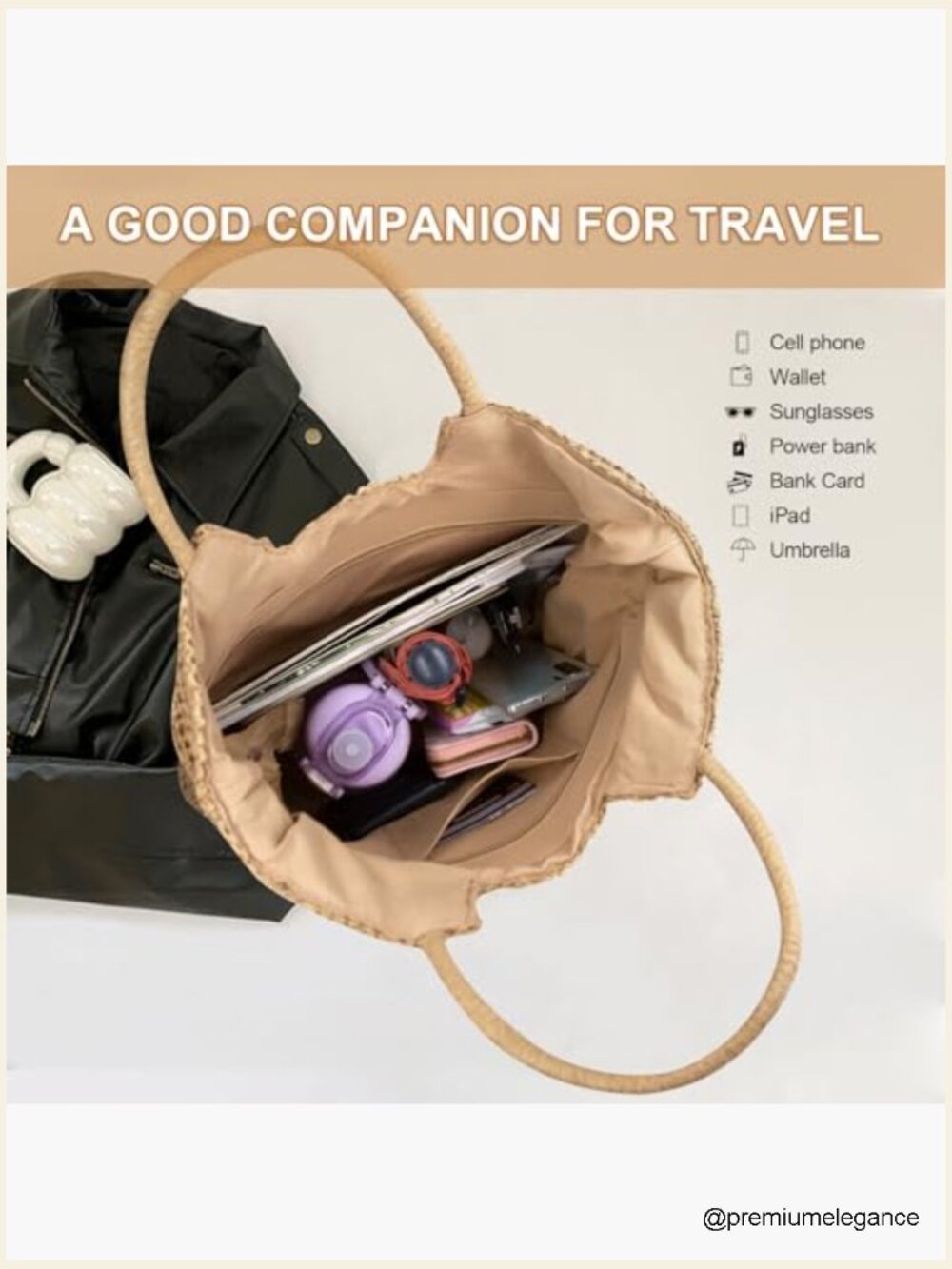 Large Straw Tote Bag with Zipper - Woven Beach Shoulder Handbag for Travel - Picture 5 of 7